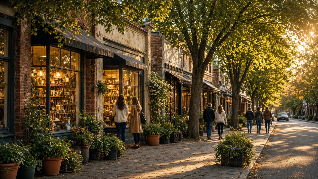 People browsing local shops on a town street